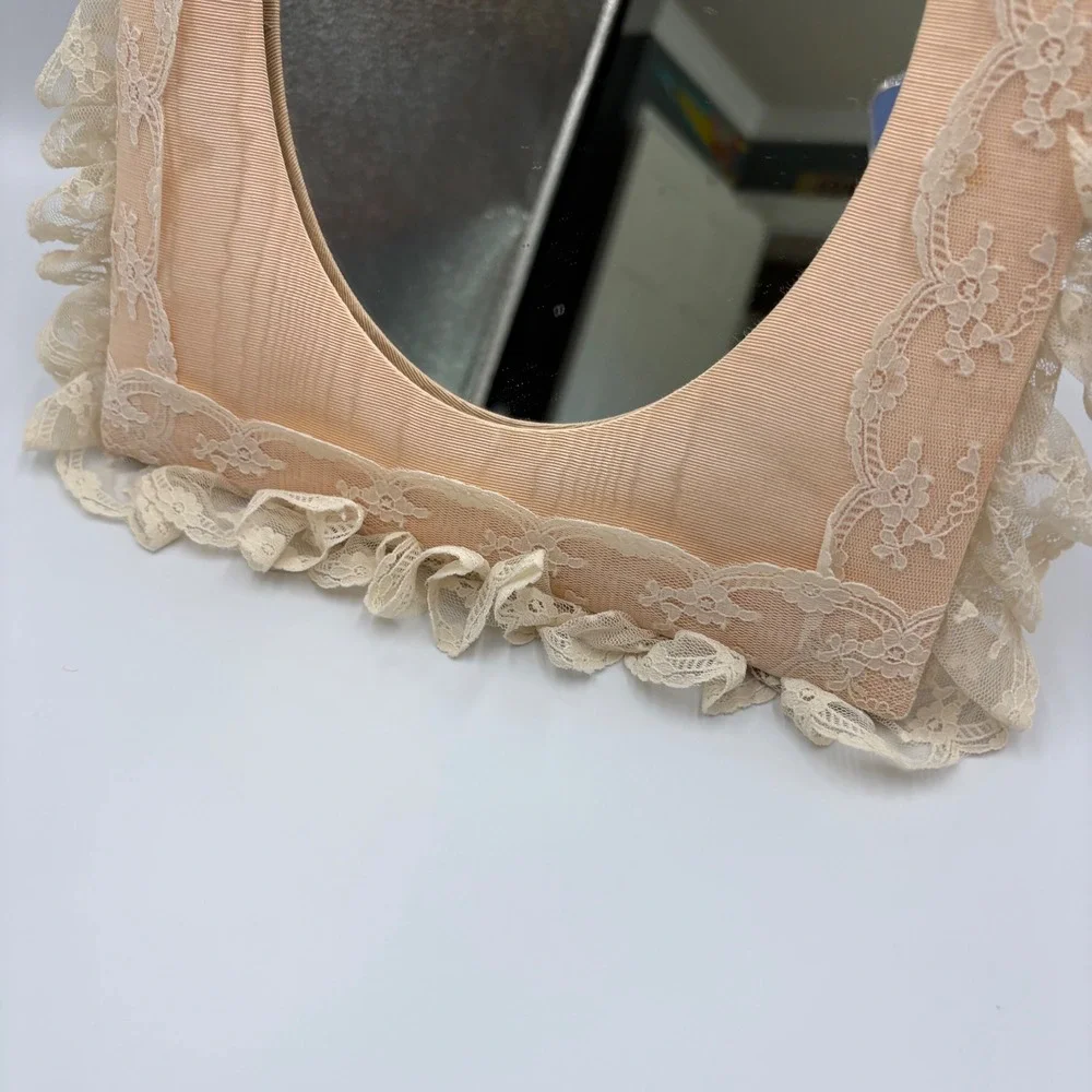 Vintage 80s Shabby Chic Peach Moire Silk Lace Ruffle Tabletop Frame Mirror